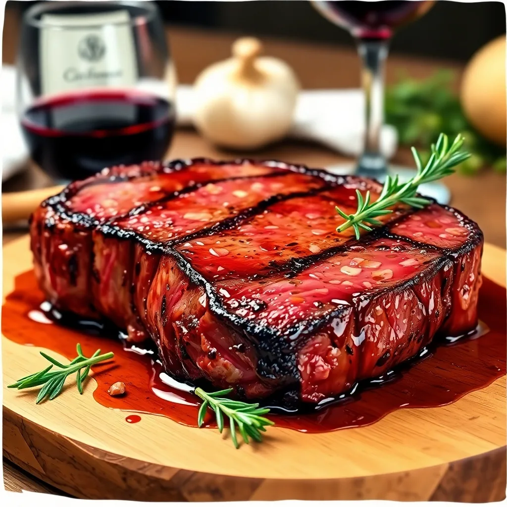 Juicy Delmonico steak with rosemary garnish and red wine, showcasing restaurant-quality presentation