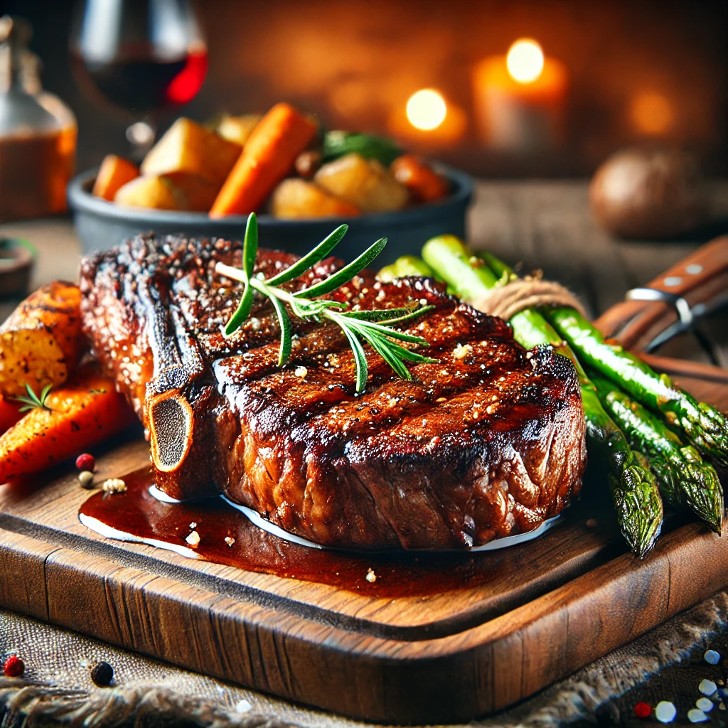 Prime ribeye steak with heavy marbling, showcasing creamy fat veins and vibrant red meat on a butcher’s tray