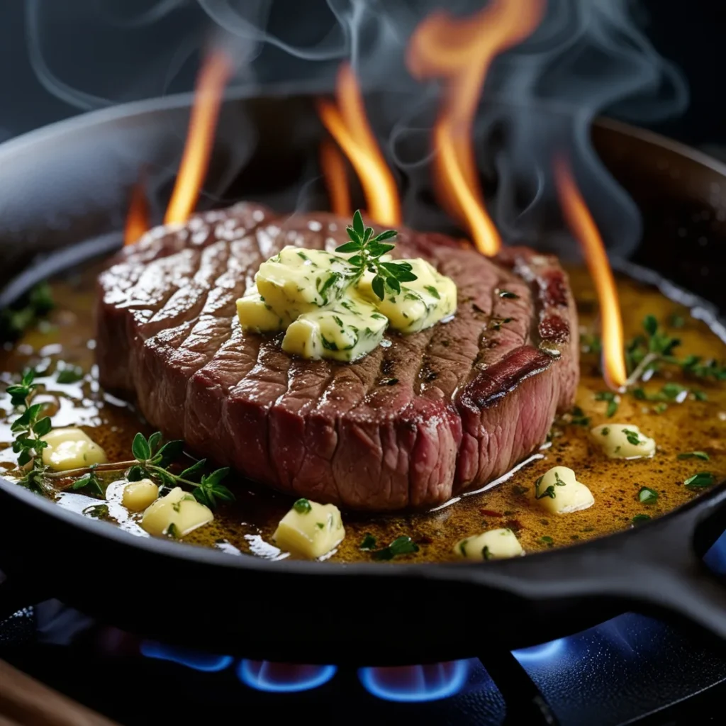 Charcoal-grilled Delmonico steak with deep grill marks and cherry wood smoke