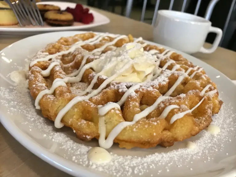 Golden-brown crispy funnel cake dusted with powdered sugar, served on a white plate with a drizzle of chocolate sauce and fresh strawberries on the side.