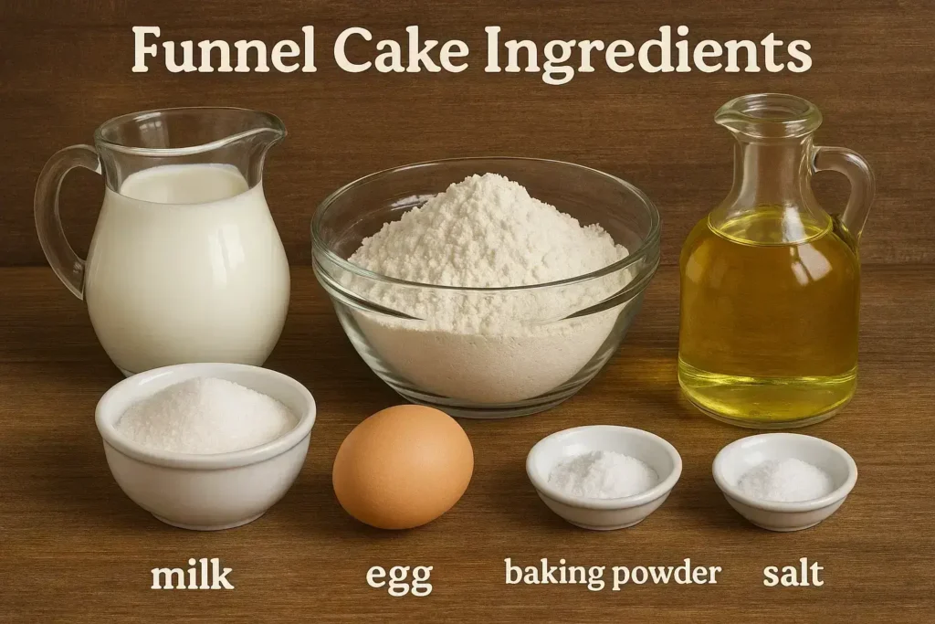 Overhead view of funnel cake ingredients including flour, sugar, baking powder, egg, milk, and vegetable oil, neatly arranged in bowls on a wooden surface