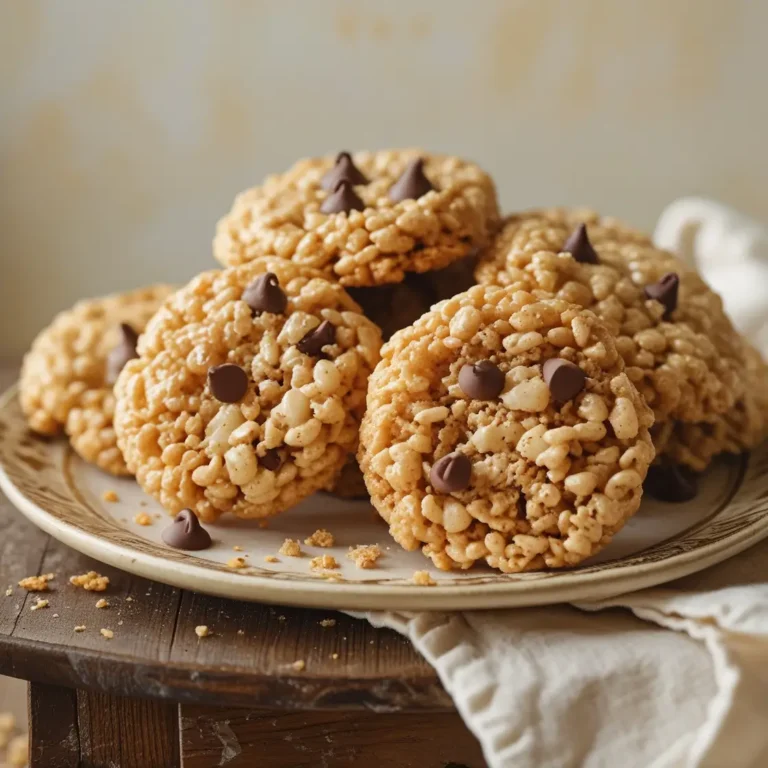 Close-up view of a Rice Krispie Chocolate Chip Cookie showing the crispy, chewy texture with visible Rice Krispies and chocolate pockets.