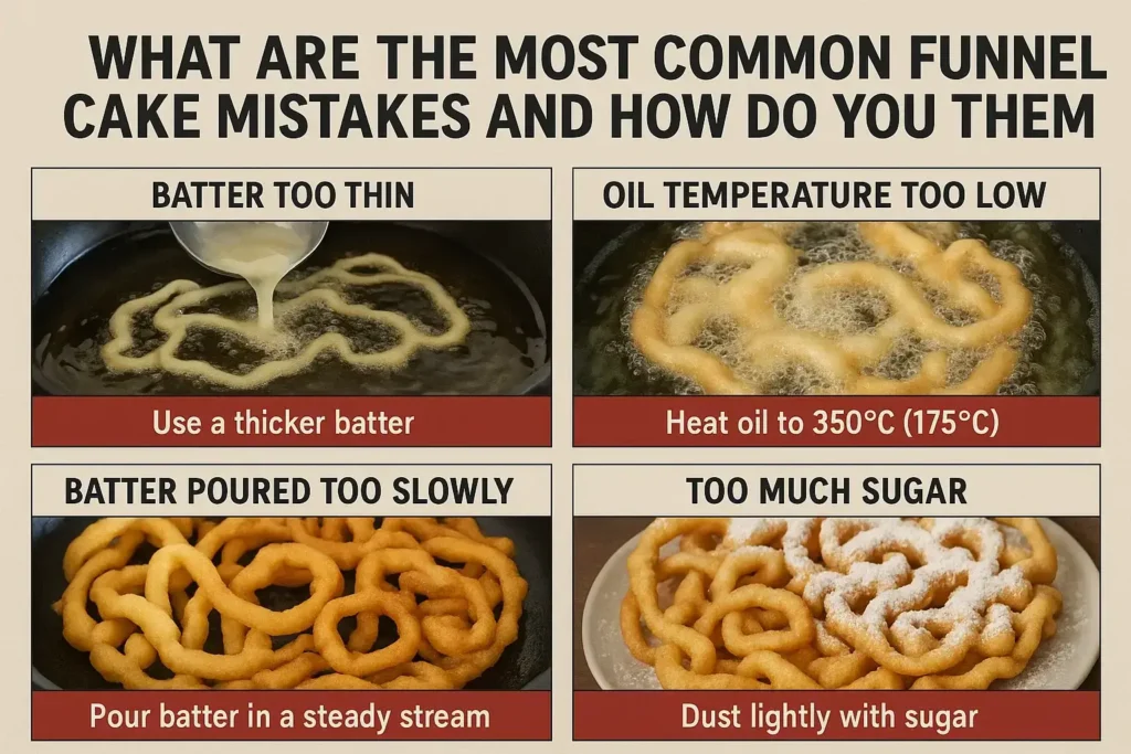 Infographic showing the most common funnel cake mistakes with solutions: thin batter needing thicker consistency, low oil temperature requiring 350°F (175°C), slow batter pouring needing steady stream, and excess sugar needing light dusting