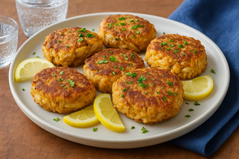 A plate of golden-brown crab cakes garnished with chopped parsley and served with lemon wedges, placed on a wooden table next to clear glasses of water and a dark blue napkin.