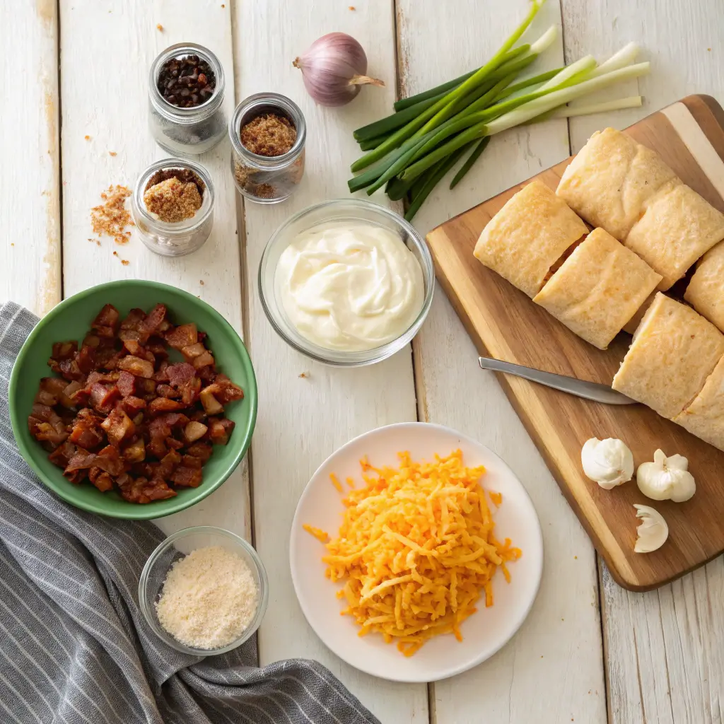 Freshly baked Iowa Party Bites arranged on a rustic ceramic platter, featuring golden flaky crescent dough filled with cream cheese, cheddar, bacon, and green onions, garnished with fresh parsley, served with dipping sauces on a wooden table under soft natural light.