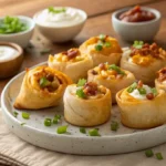 Freshly baked Iowa Party Bites arranged on a rustic ceramic platter, featuring golden flaky crescent dough filled with cream cheese, cheddar, bacon, and green onions, garnished with fresh parsley, served with dipping sauces on a wooden table under soft natural light.