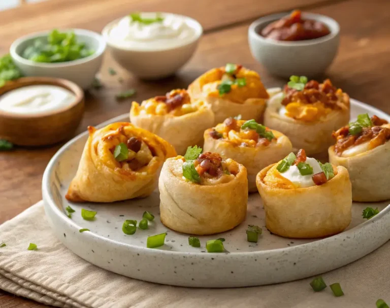 Freshly baked Iowa Party Bites arranged on a rustic ceramic platter, featuring golden flaky crescent dough filled with cream cheese, cheddar, bacon, and green onions, garnished with fresh parsley, served with dipping sauces on a wooden table under soft natural light.
