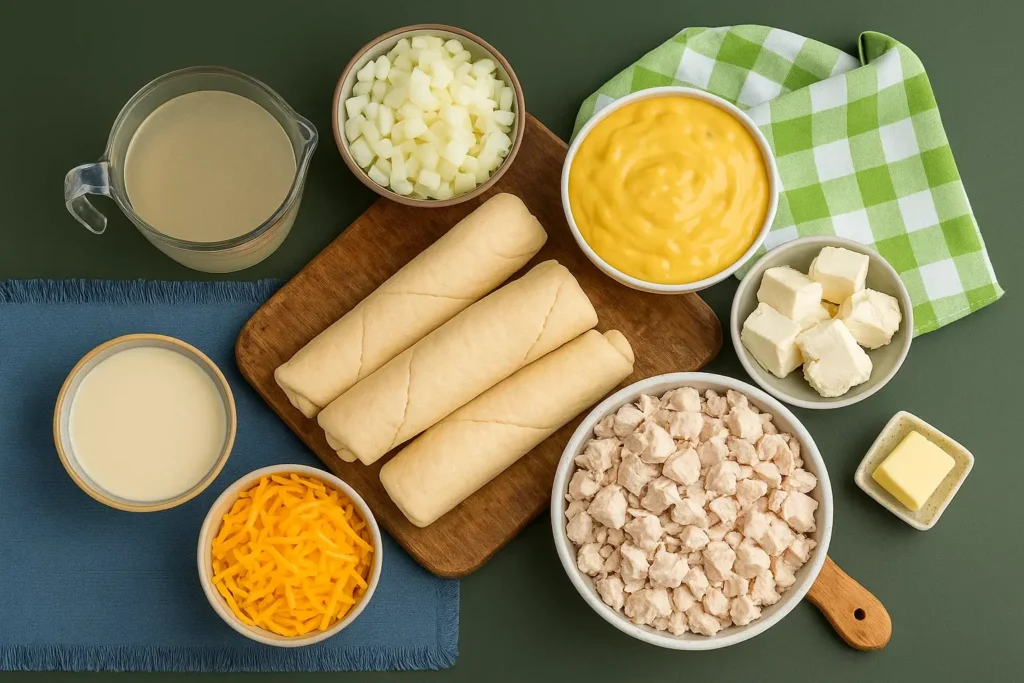 Flat lay of fresh ingredients for chicken stuffed crescent rolls, including crescent dough, shredded chicken, cream cheese, cheddar cheese, green onions, butter, and seasoning, arranged neatly on a wooden surface.