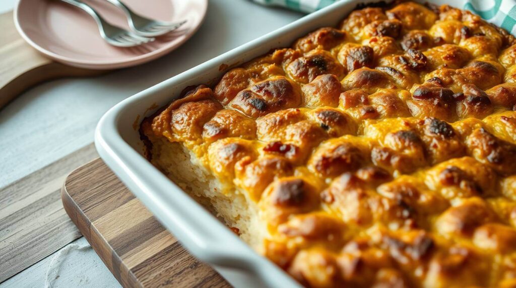 Golden-brown chicken stuffed crescent rolls served on a rustic plate, cut open to reveal creamy shredded chicken and melted cheese filling, accompanied by fresh salad and crusty bread.