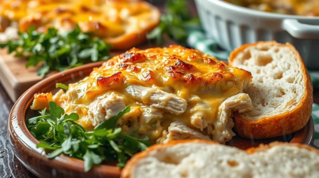 Close-up of creamy chicken Golden-baked chicken stuffed crescent rolls on a rustic plate, filled with creamy shredded chicken and melted cheese, served with fresh salad.