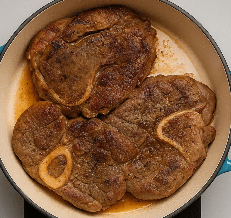 Tender braised boneless beef shank recipe with carrots, onions, and rosemary in rich savory sauce, slow-cooked to perfection
